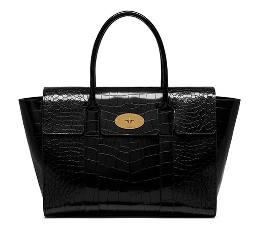 黑色 New Bayswater 光面鱷魚紋壓花手袋
